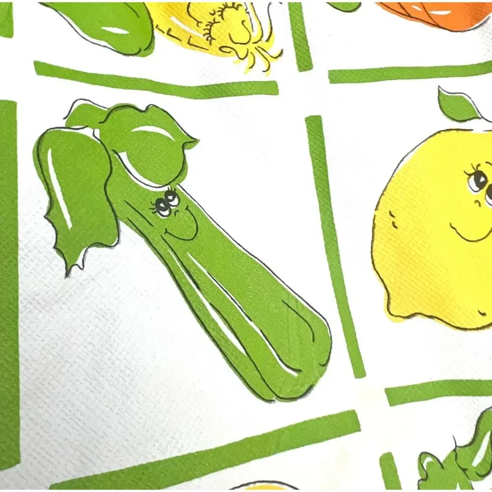 Vintage 70s Hildi Fruit and Vegetable Tablecloth 69x53 in Anthropomorphic Vinyl